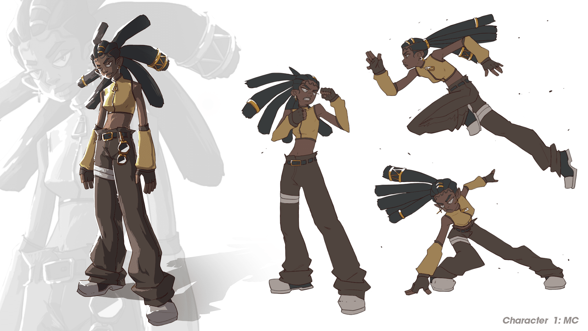 Dami character sheet with a final design and action poses