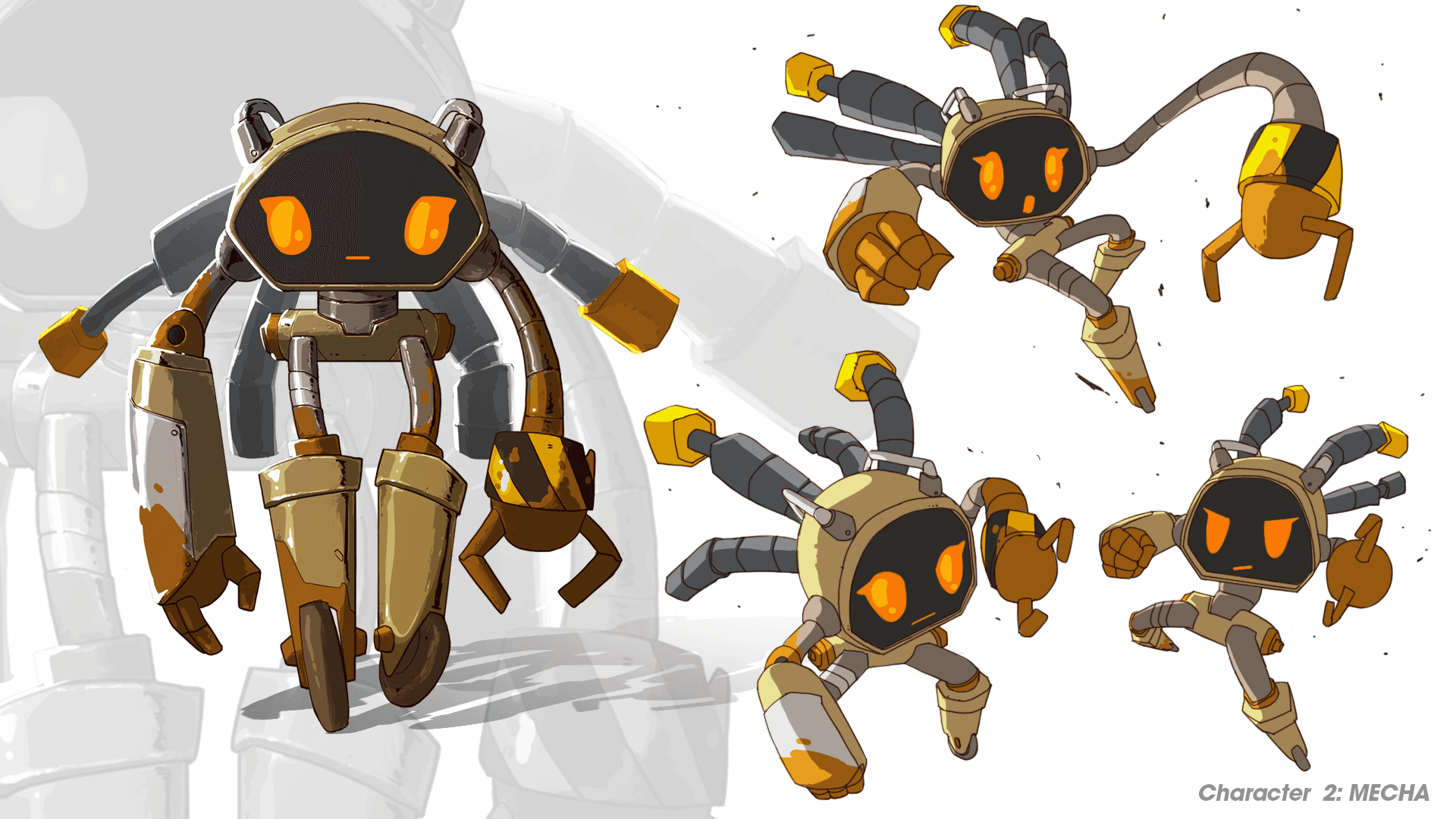 Vex battle robot character sheet with a final design and action poses