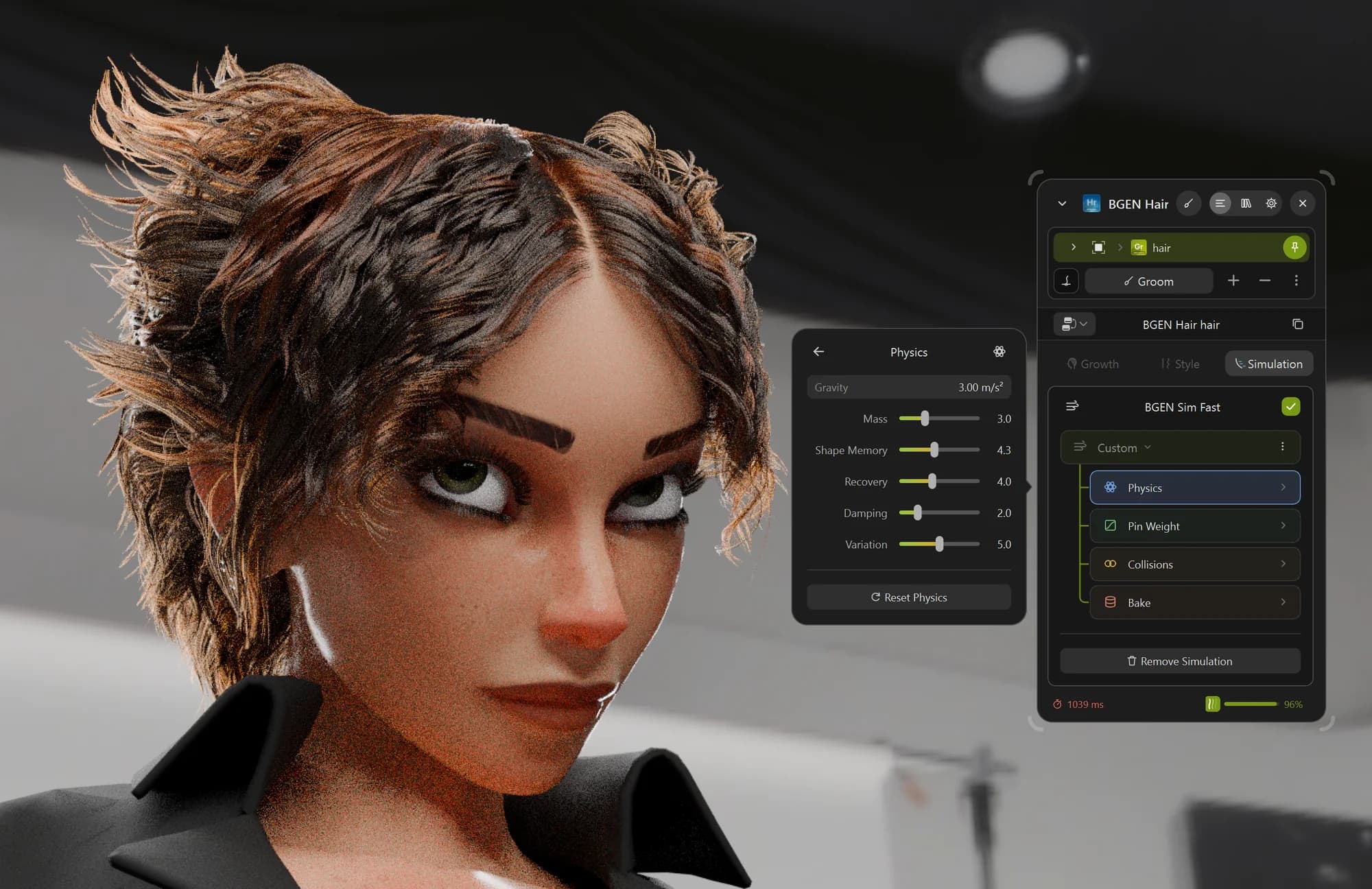 Rendered character with short windswept hair beside the BGEN Hair physics panel